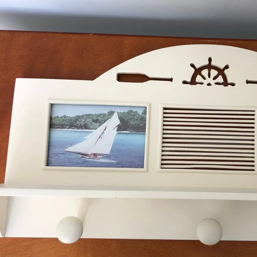 NEW Nautical Coastal Wall Shelf With Pegs & Photo Slots